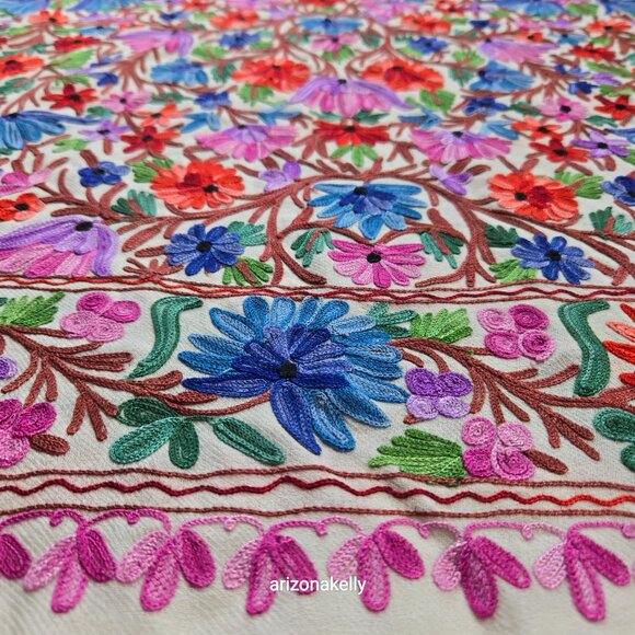 Wool Scarf With Colorful Chain Stitch Embroidery Flowers Vines - Picture 10 of 16